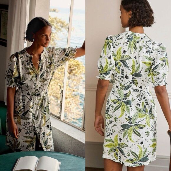 Boden Sz US 10 Smocked Linen Shirt Dress White Floral Green Bird Leaves Resort - Picture 1 of 11